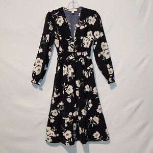 Monteau Black White Floral Print Day Dress w/Elastic Gathered Waist- Small